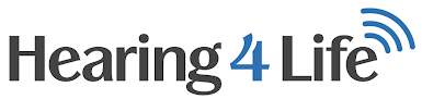 Logo for Hearing 4 Life with the number 4 in blue and three blue curved lines above it, resembling sound waves.
